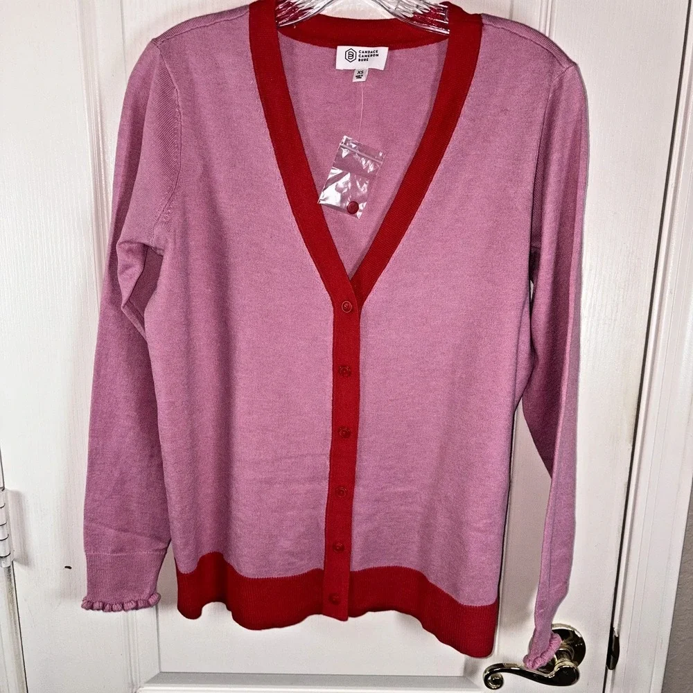 Candace Cameron Bure Pink Red V Neck‎ Button Up Cardigan Sweater XS Ruffle Cuff